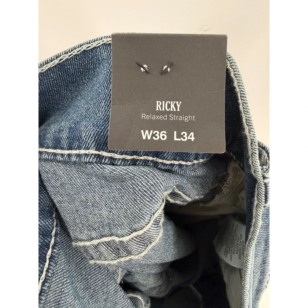 True Religion Ricky Relaxed Straight Mens Jeans Blue Big T No Flap 36X34 NEW